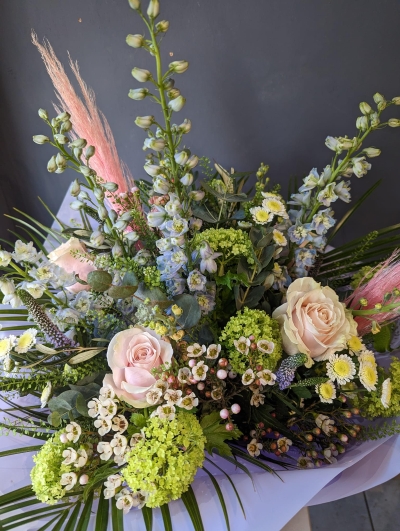 amazing modern bouquet to include pastel flowers and pampas grass for delivery in Central London