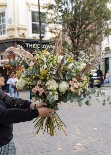 wild garden looking bouquet with a lots of foliages, eucalypthus, fillers with delivery to London, UK