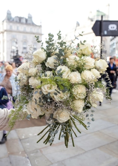 amazing white roses bouquet, special London edition of Blooms and Candy flower studio with guaranteed London, UK delivery